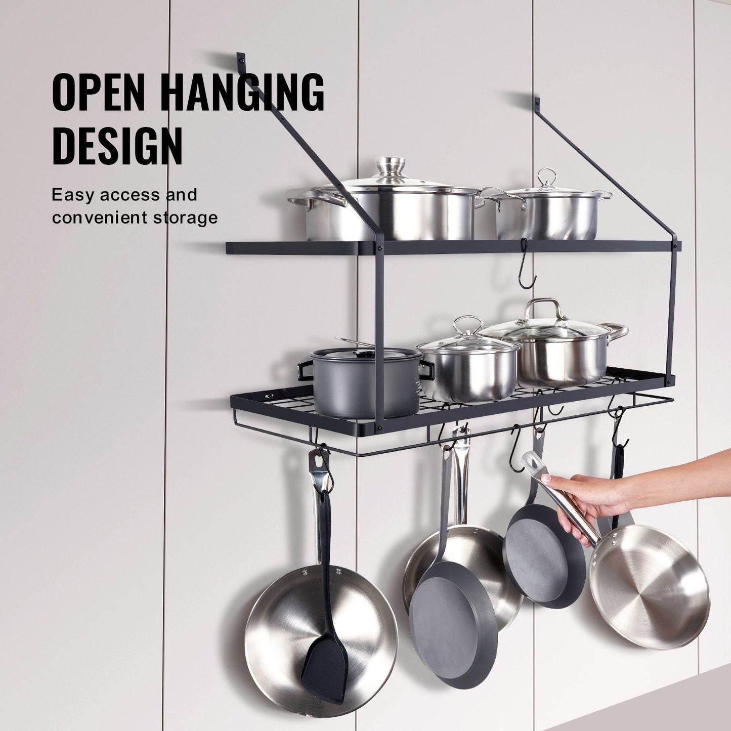 Pot Rack Wall Mounted, 30 inch Pot and Pan Hanging Rack, Pot and Pan Hanger with 12 S Hooks, 55 lbs Loading Weight, Ideal for Pans, Utensils, Cookware in Kitchen