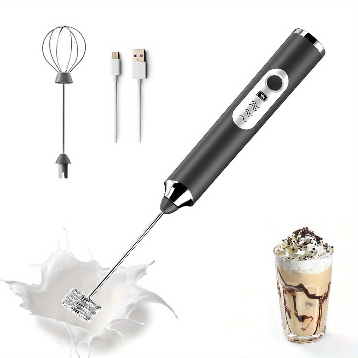 One Set Of Milk Frother Handheld USB-Rechargeable With 2pcs Stainless Whisk Heads; 3-Speed Adjustable Handheld Milk Frother For Cappuccinos; Hot Chocolate; Milkshakes; Egg Mix