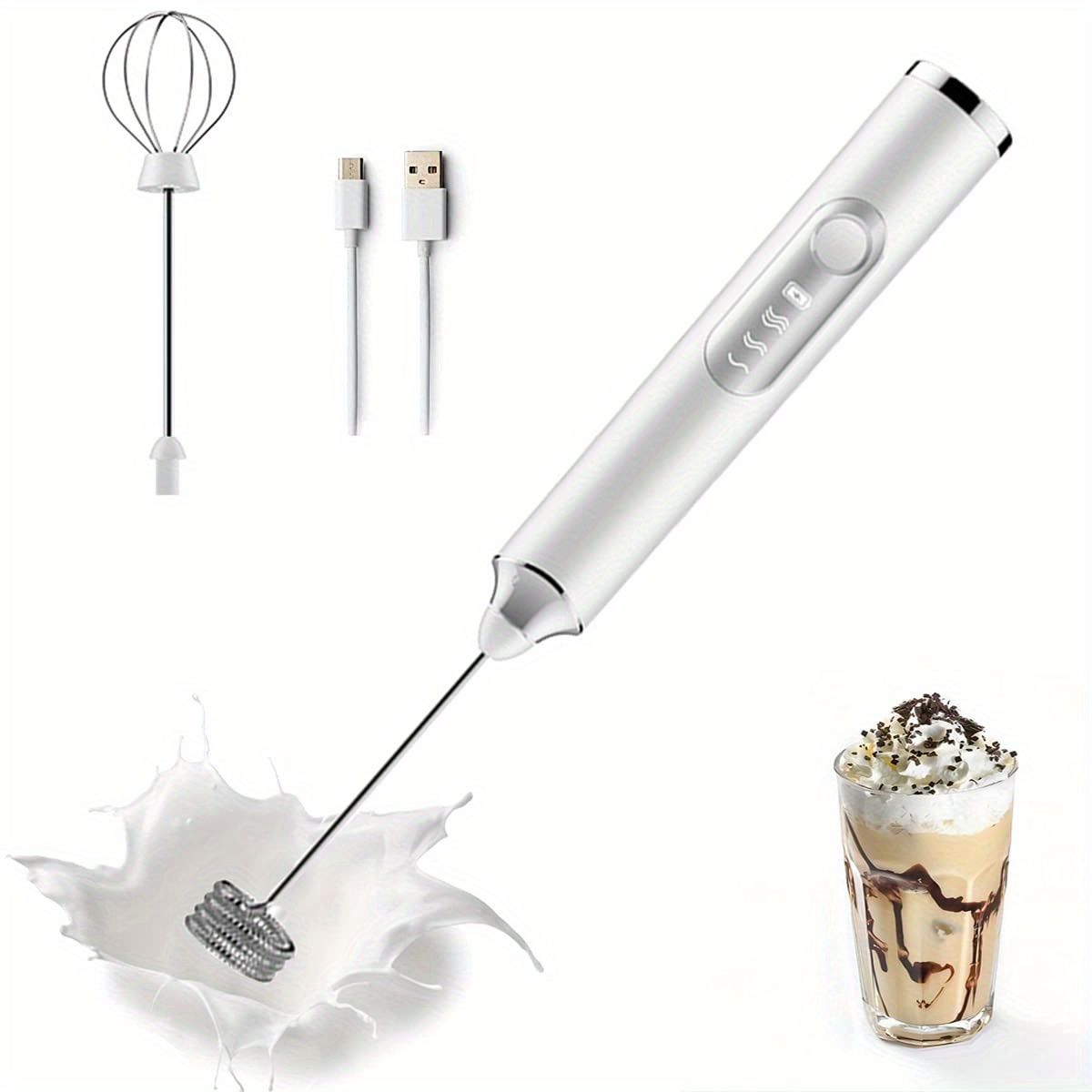 One Set Of Milk Frother Handheld USB-Rechargeable With 2pcs Stainless Whisk Heads; 3-Speed Adjustable Handheld Milk Frother For Cappuccinos; Hot Chocolate; Milkshakes; Egg Mix