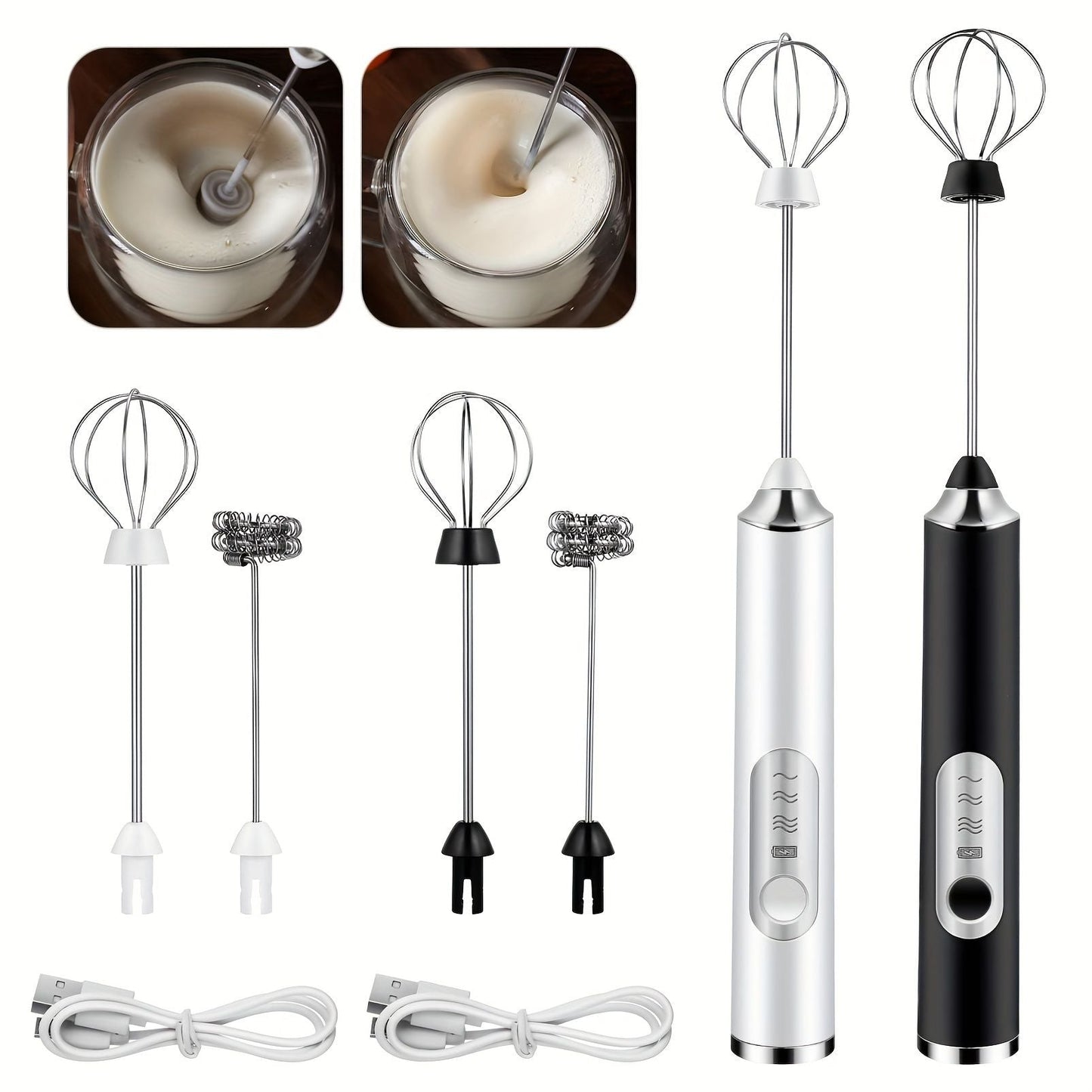 One Set Of Milk Frother Handheld USB-Rechargeable With 2pcs Stainless Whisk Heads; 3-Speed Adjustable Handheld Milk Frother For Cappuccinos; Hot Chocolate; Milkshakes; Egg Mix