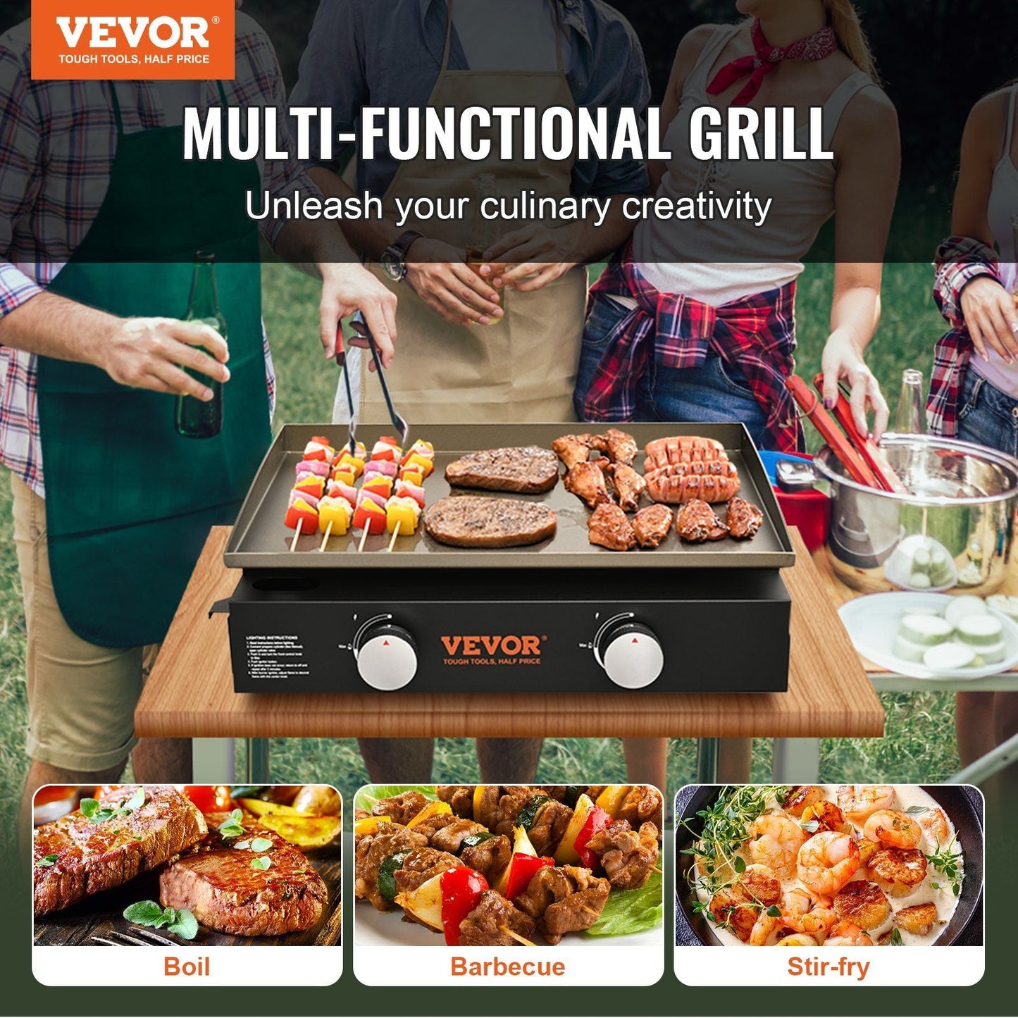 VEVOR Commercial Griddle, 22.4" Heavy Duty Manual Flat Top Griddle, Countertop Gas Grill with Non-Stick Cooking Plate, Steel LPG Gas Griddle, H-Shaped Burner Restaurant Portable Grill, 22, 000 BTU