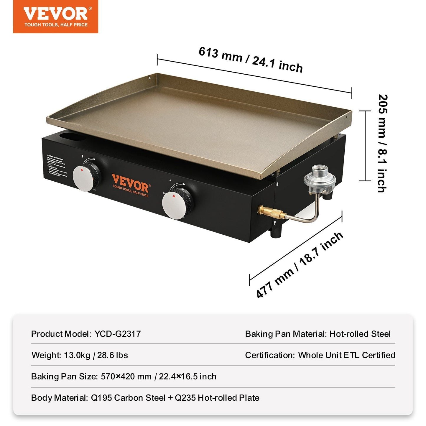 VEVOR Commercial Griddle, 22.4" Heavy Duty Manual Flat Top Griddle, Countertop Gas Grill with Non-Stick Cooking Plate, Steel LPG Gas Griddle, H-Shaped Burner Restaurant Portable Grill, 22, 000 BTU