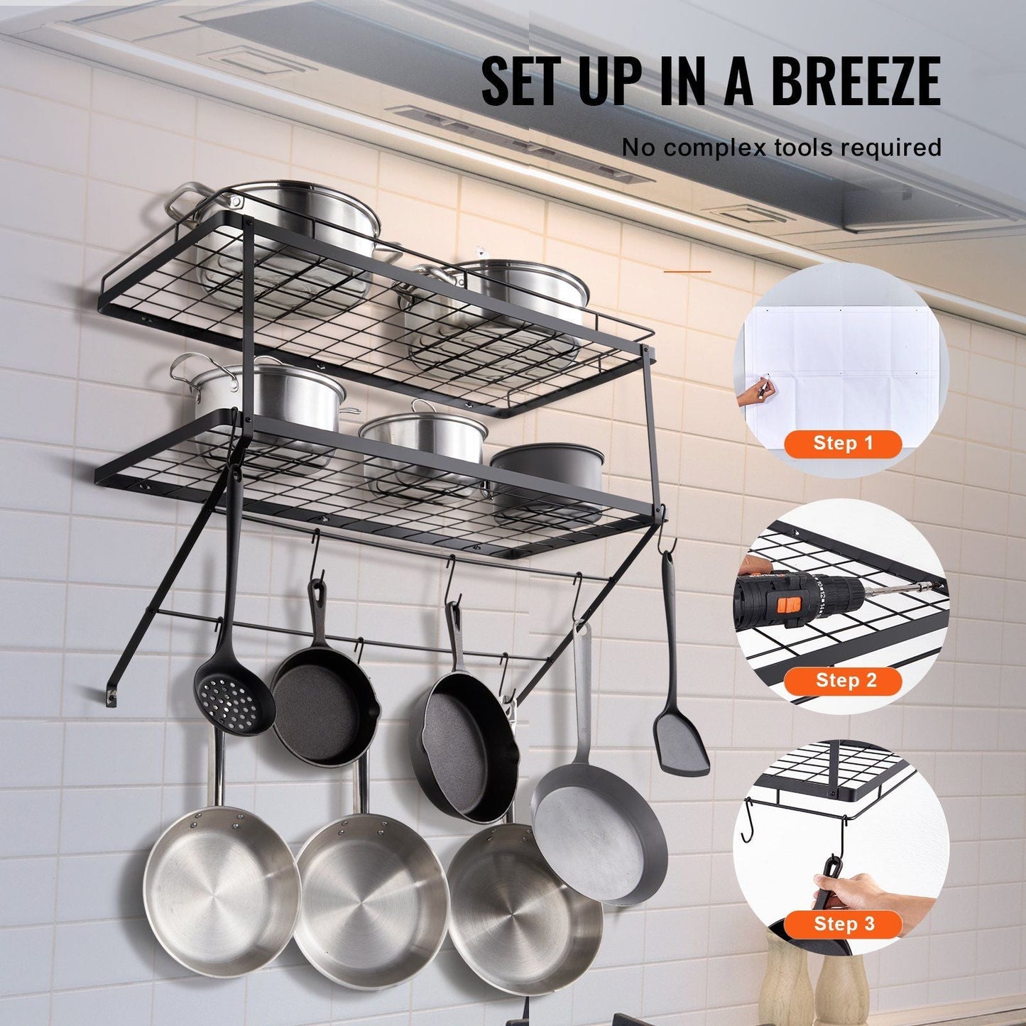 Pot Rack Wall Mounted, 30 inch Pot and Pan Hanging Rack, Pot and Pan Hanger with 12 S Hooks, 55 lbs Loading Weight, Ideal for Pans, Utensils, Cookware in Kitchen