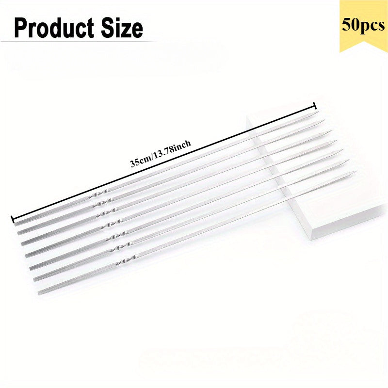 50Pcs 14" Kabob Skewers for Grilling with Push Bar Double Pronged Anti-Roll Flat BBQ Skewers for Grilling Stainless Steel Reusable Kebab Skewers for Meat Chicken Veggie
