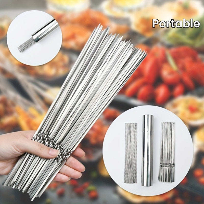 50Pcs 14" Kabob Skewers for Grilling with Push Bar Double Pronged Anti-Roll Flat BBQ Skewers for Grilling Stainless Steel Reusable Kebab Skewers for Meat Chicken Veggie