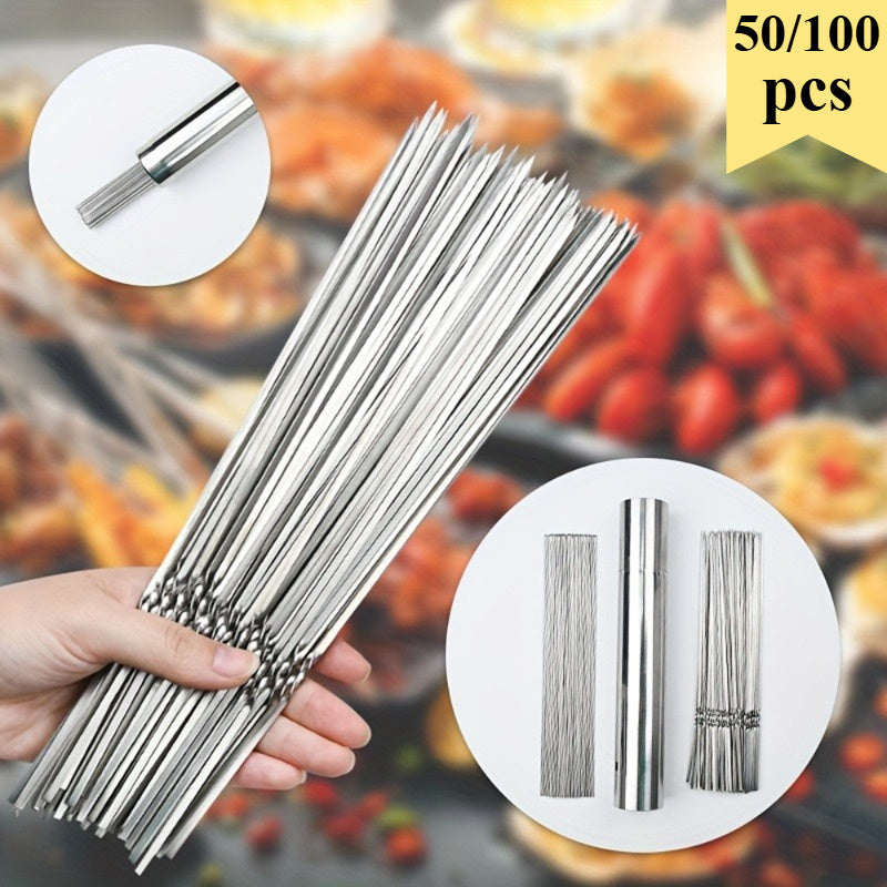 50Pcs 14" Kabob Skewers for Grilling with Push Bar Double Pronged Anti-Roll Flat BBQ Skewers for Grilling Stainless Steel Reusable Kebab Skewers for Meat Chicken Veggie