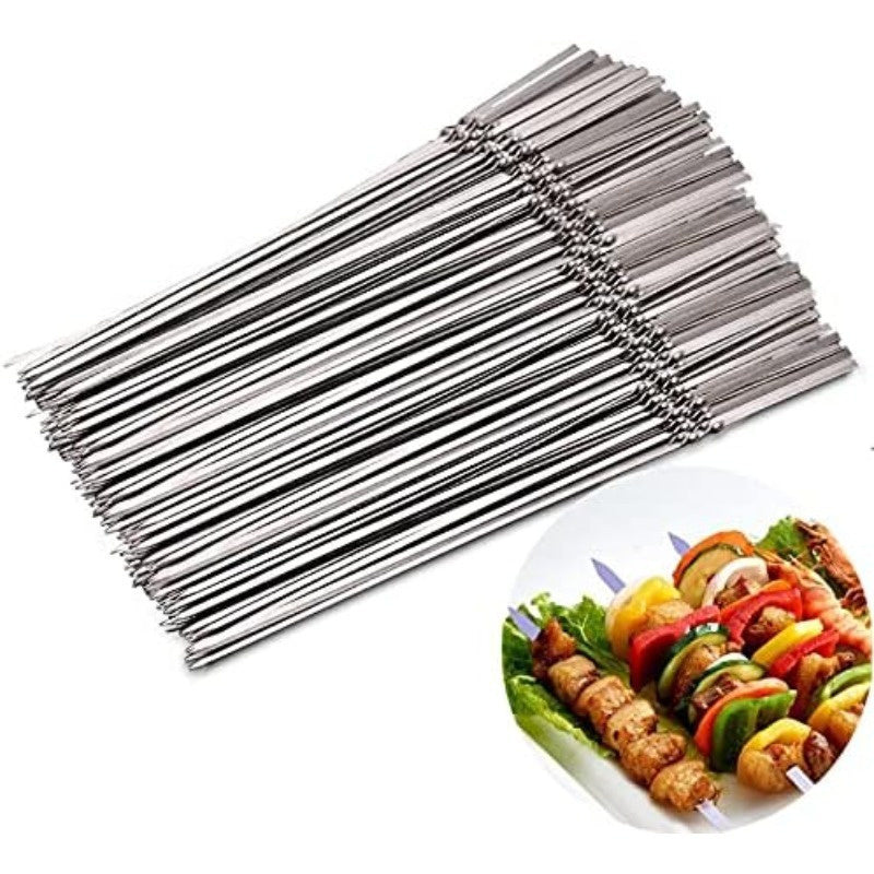 50Pcs 14" Kabob Skewers for Grilling with Push Bar Double Pronged Anti-Roll Flat BBQ Skewers for Grilling Stainless Steel Reusable Kebab Skewers for Meat Chicken Veggie